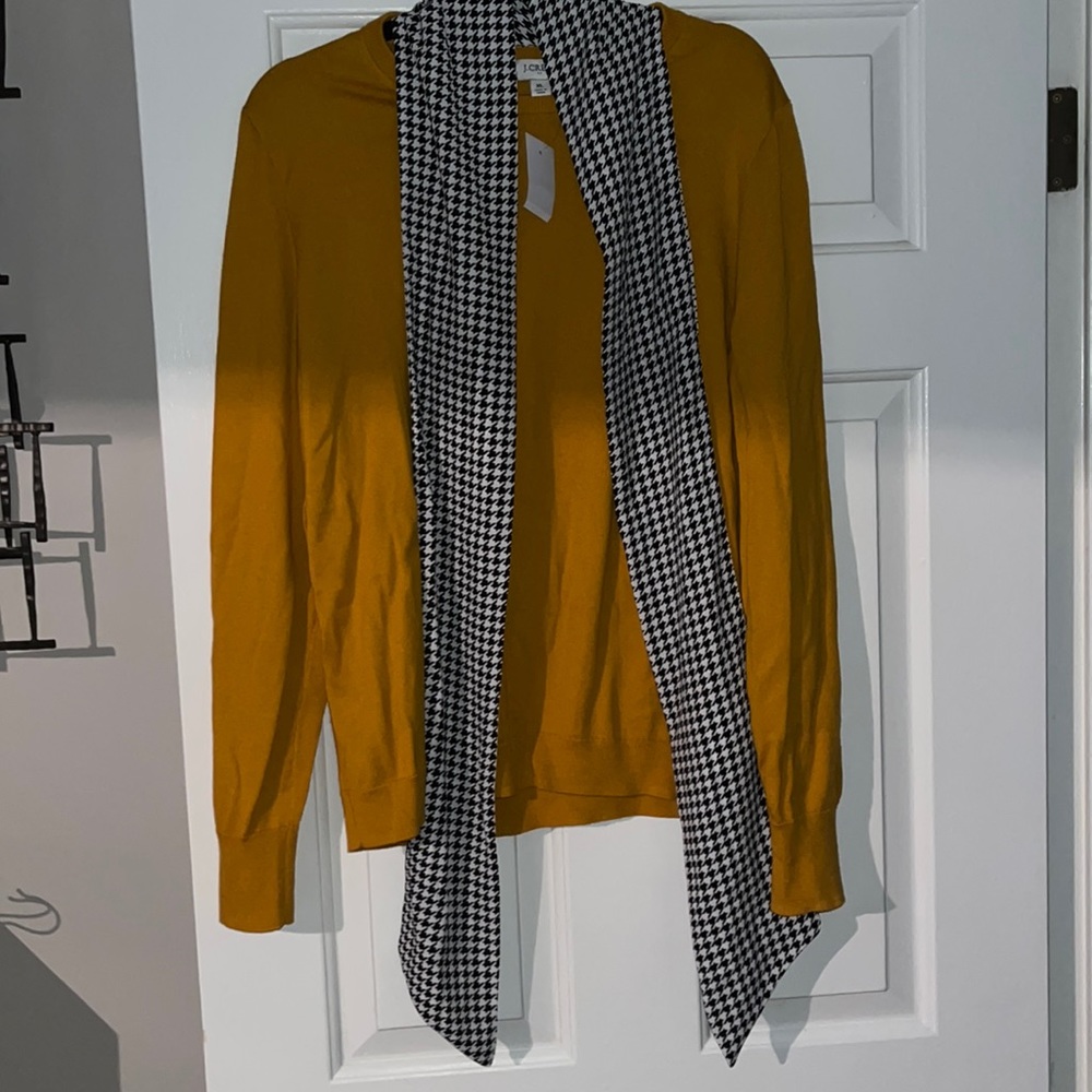 J crew mustard sweater with houndstooth print accessory